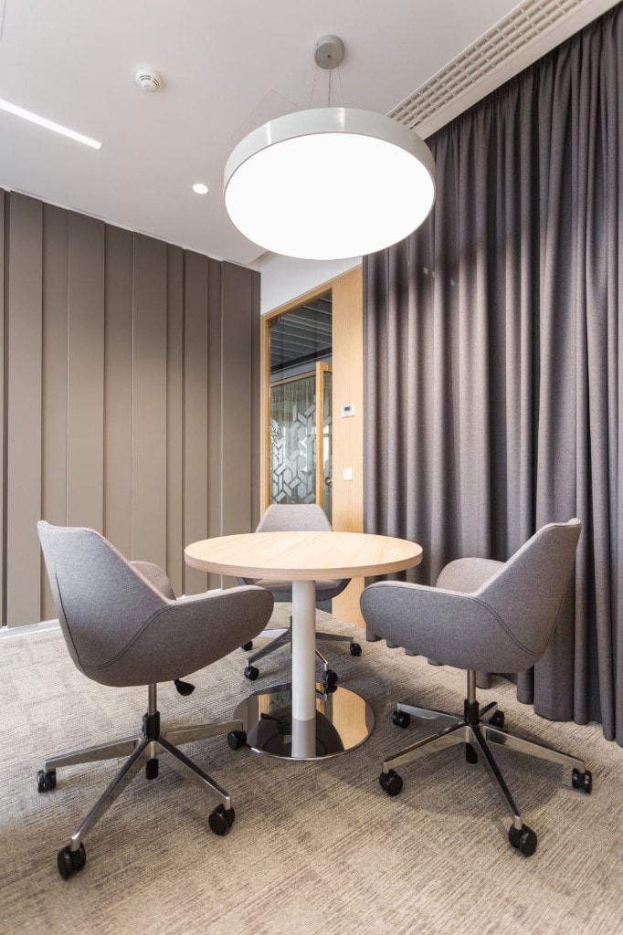 Meeting room with round table and pendant lighting