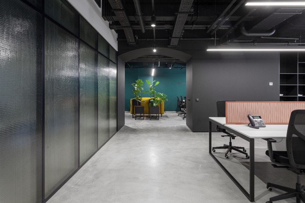 Office corridor leading to lounge area